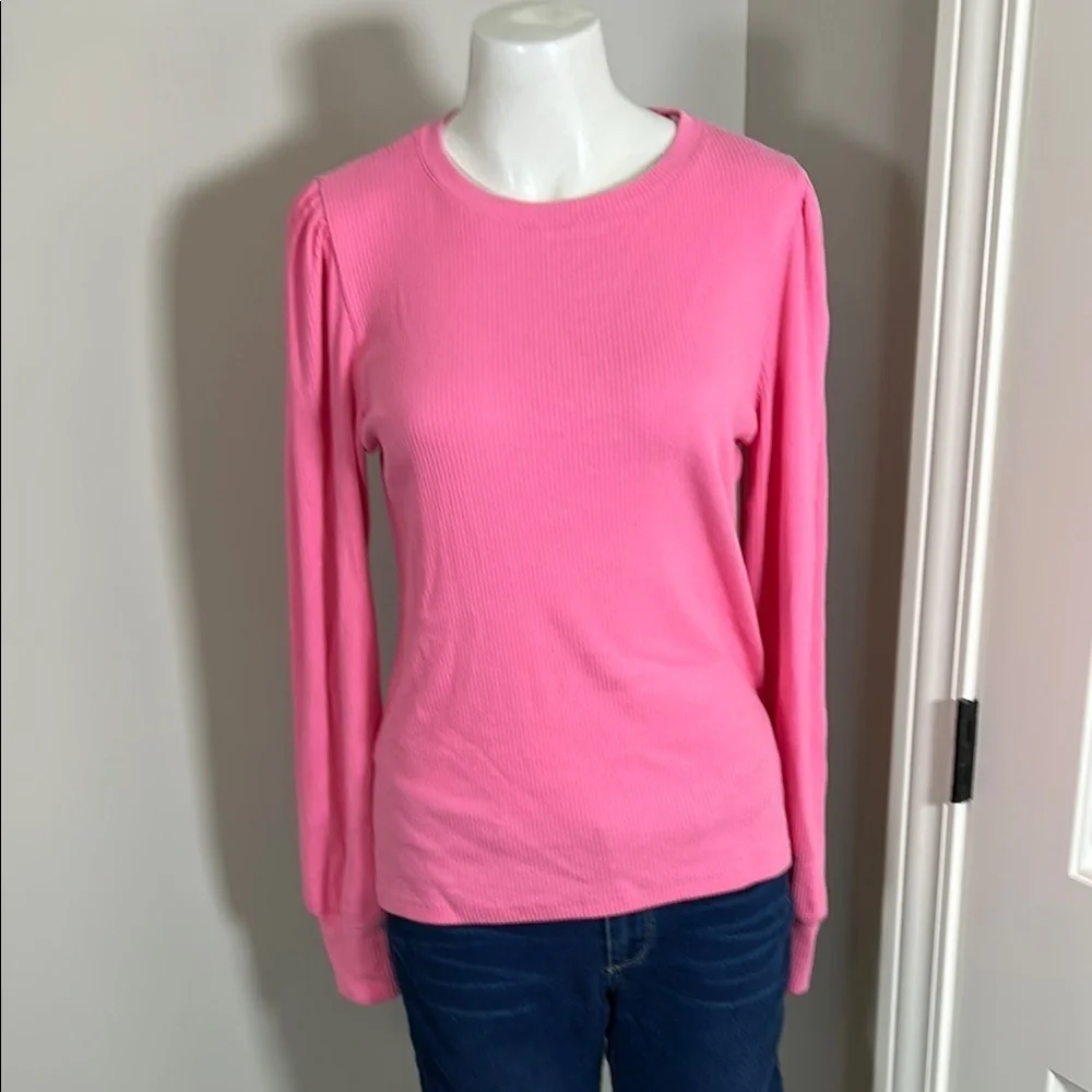 J Crew Vintage rib puff sleeve top Pink lightweight cotton long sleeve Sz L